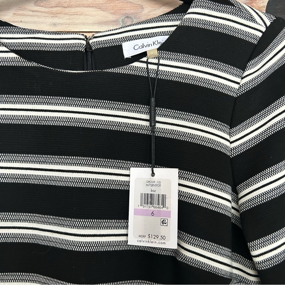 Calvin Klein Striped Bell Flutter Sleeve Sheath Dress - Picture 2 of 8